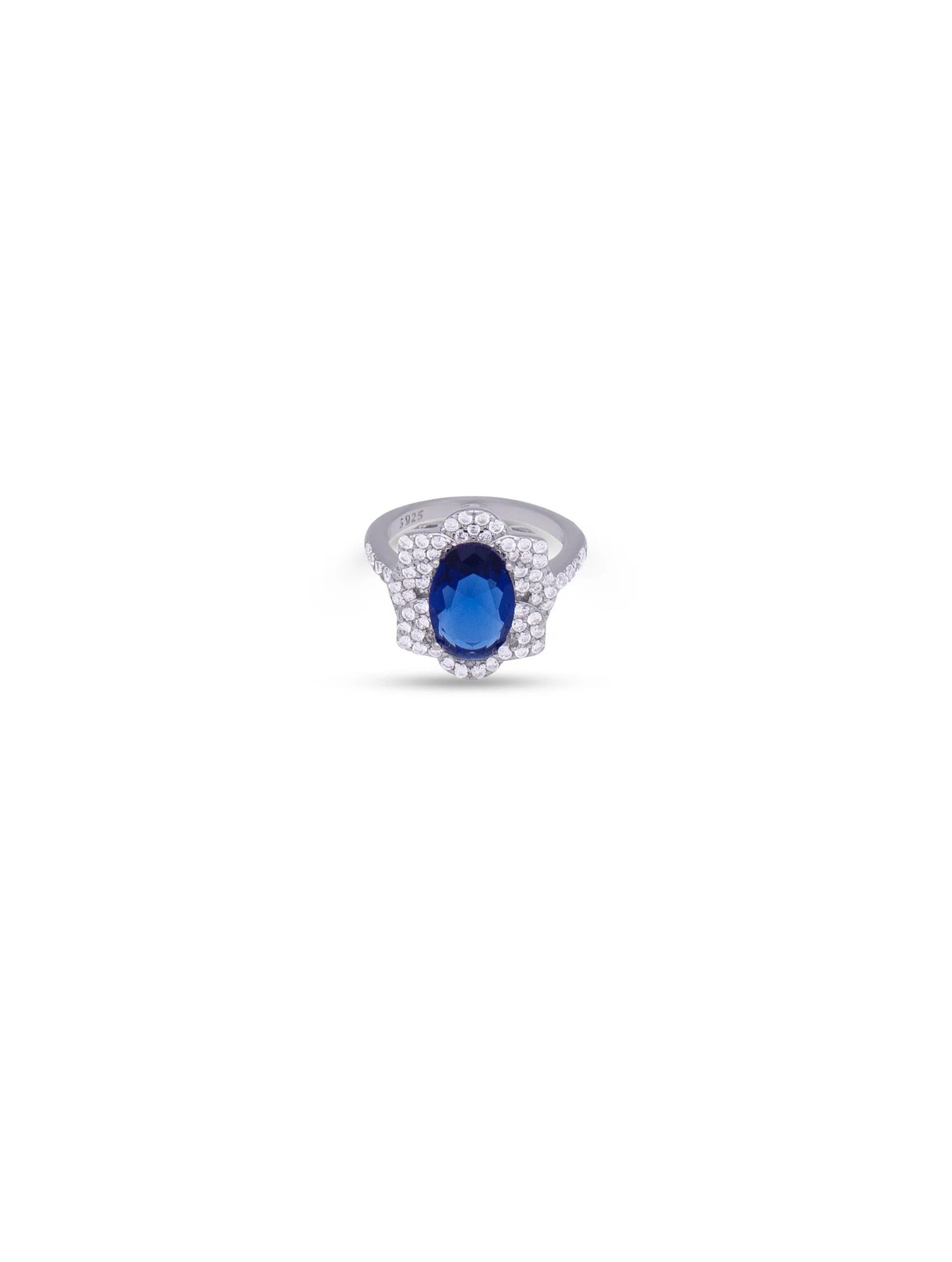 Blue Sapphire Floral Statement Ring | Elegant Silver-Plated Crystal Ring for Women
