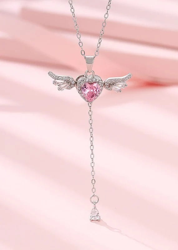 Pink Heart Angel Wing Necklace | Elegant Crystal Heart Pendant Necklace for Women