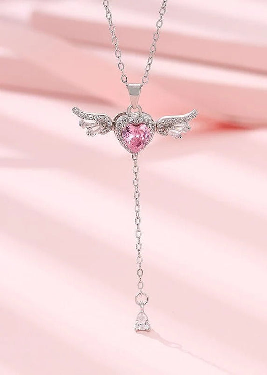 Pink Heart Angel Wing Necklace | Elegant Crystal Heart Pendant Necklace for Women