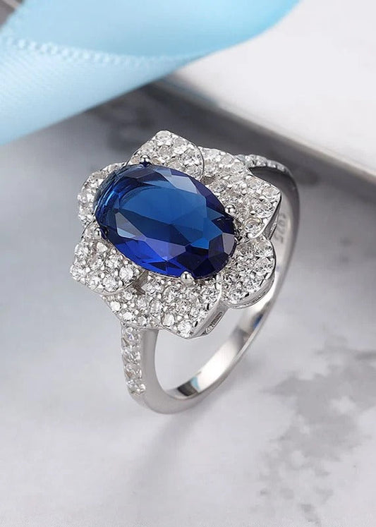 Blue Sapphire Floral Statement Ring | Elegant Silver-Plated Crystal Ring for Women