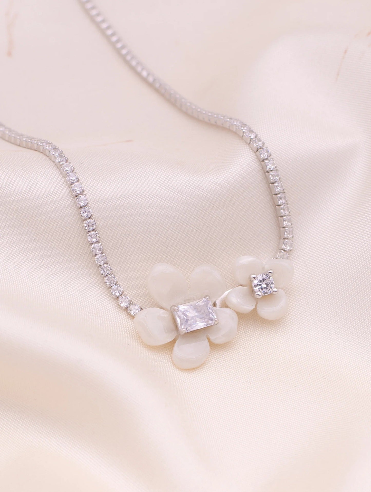 White Floral Crystal Necklace | Elegant Flower Pendant Necklace for Women