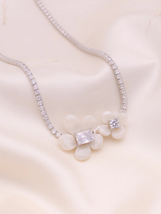 White Floral Crystal Necklace | Elegant Flower Pendant Necklace for Women