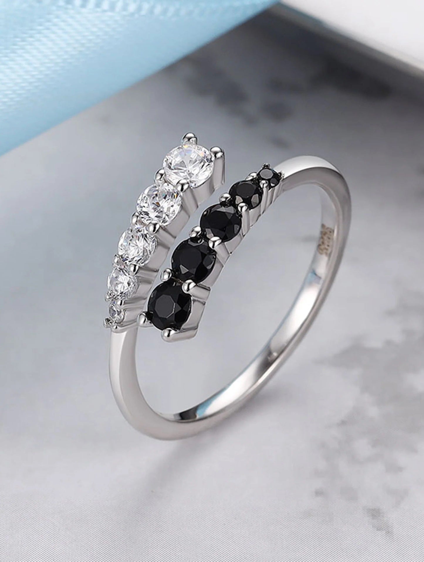 Black & White Crystal Open Ring | Elegant Adjustable Zircon Ring for Women