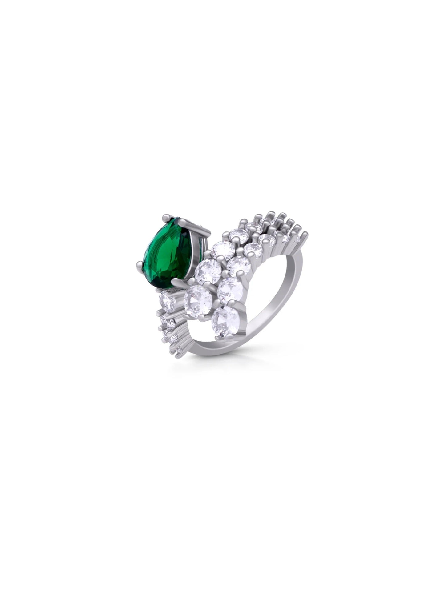 Green Crystal Floral Statement Ring | Elegant Adjustable Silver-Plated Ring for Women