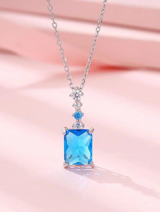 Blue Crystal Rectangle Pendant Necklace | Elegant Silver-Plated Pendant Necklace for Women