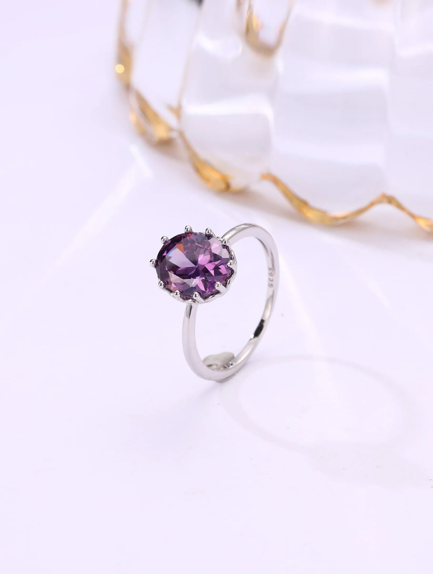 Purple Crystal Solitaire Ring | Elegant Adjustable Silver-Plated Ring for Women