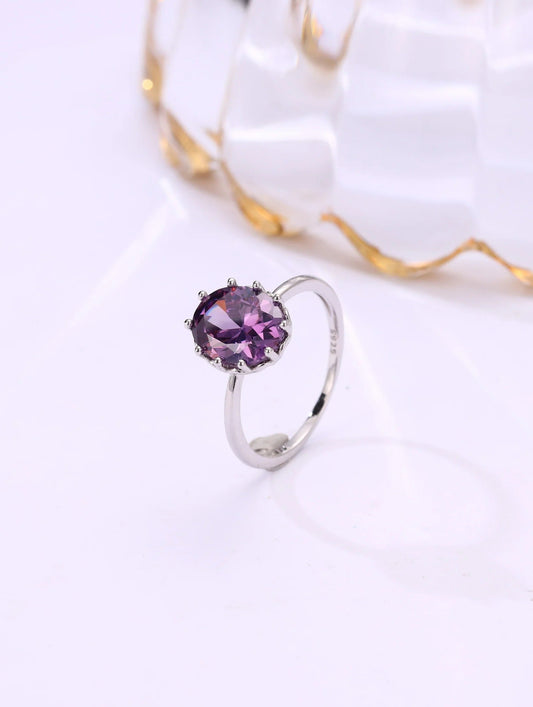 Purple Crystal Solitaire Ring | Elegant Adjustable Silver-Plated Ring for Women