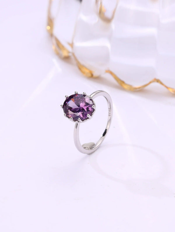 Purple Crystal Solitaire Ring | Elegant Adjustable Silver-Plated Ring for Women