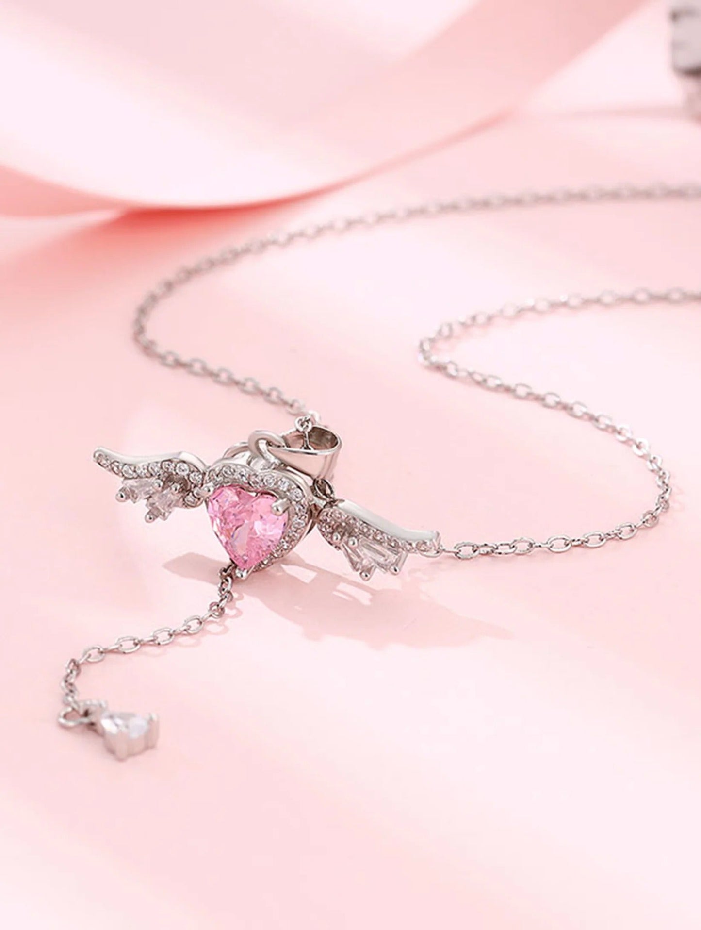 Pink Heart Angel Wing Necklace | Elegant Crystal Heart Pendant Necklace for Women