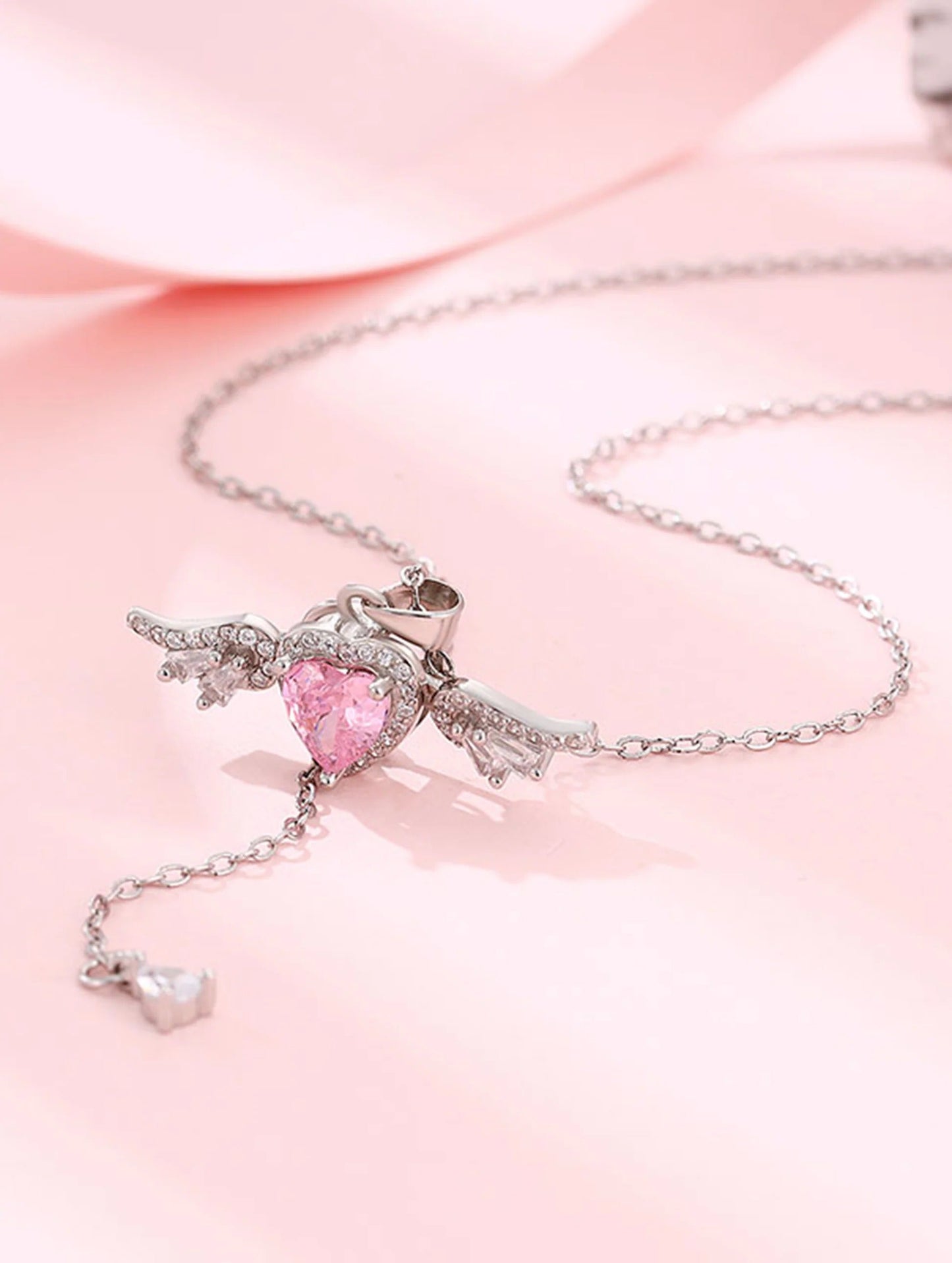 Pink Heart Angel Wing Necklace | Elegant Crystal Heart Pendant Necklace for Women