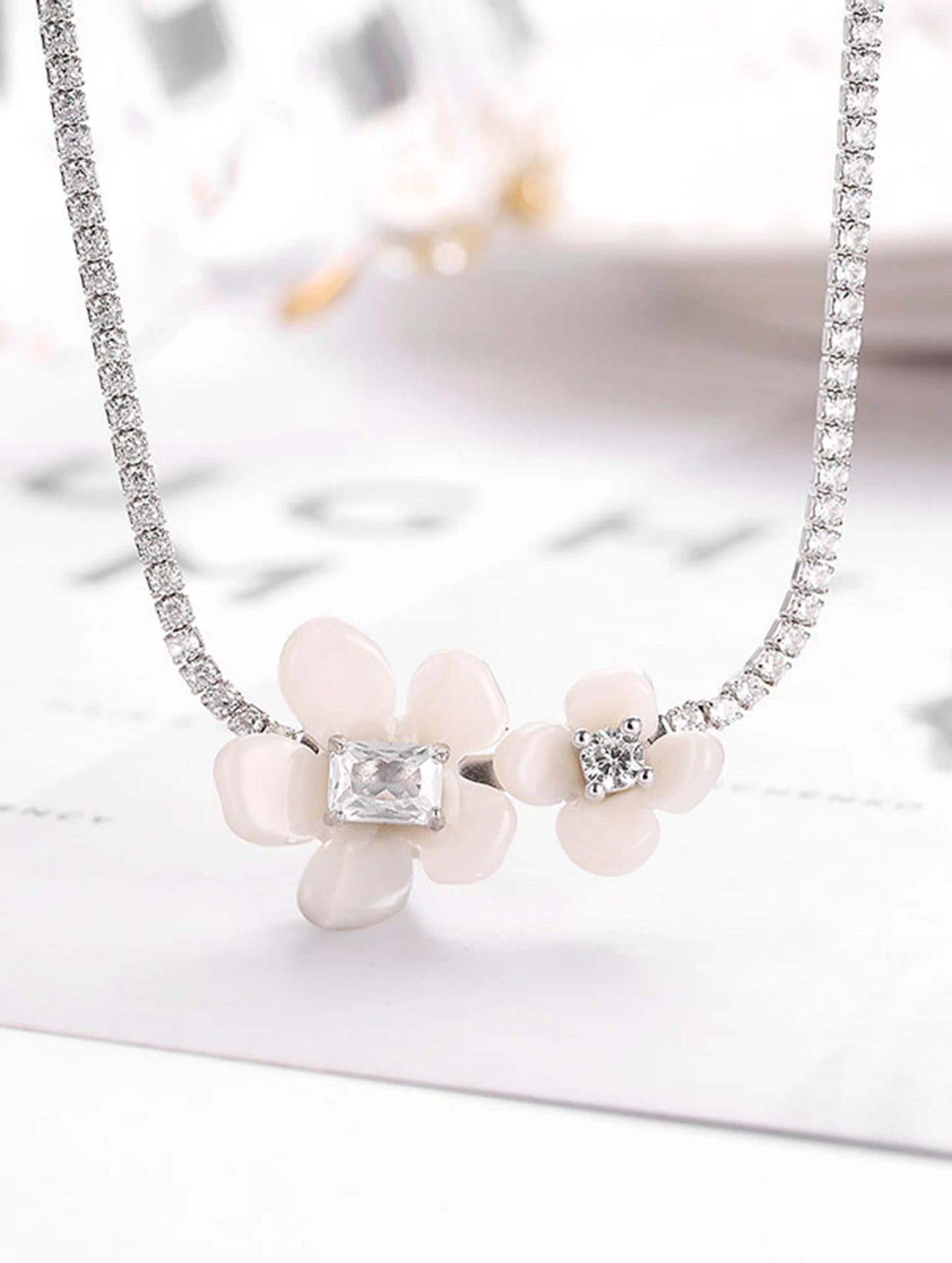 White Floral Crystal Necklace | Elegant Flower Pendant Necklace for Women