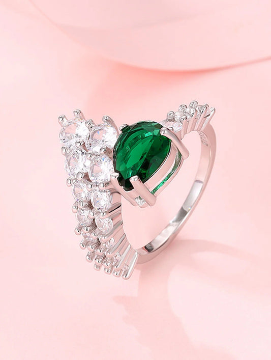 Green Crystal Floral Statement Ring | Elegant Adjustable Silver-Plated Ring for Women