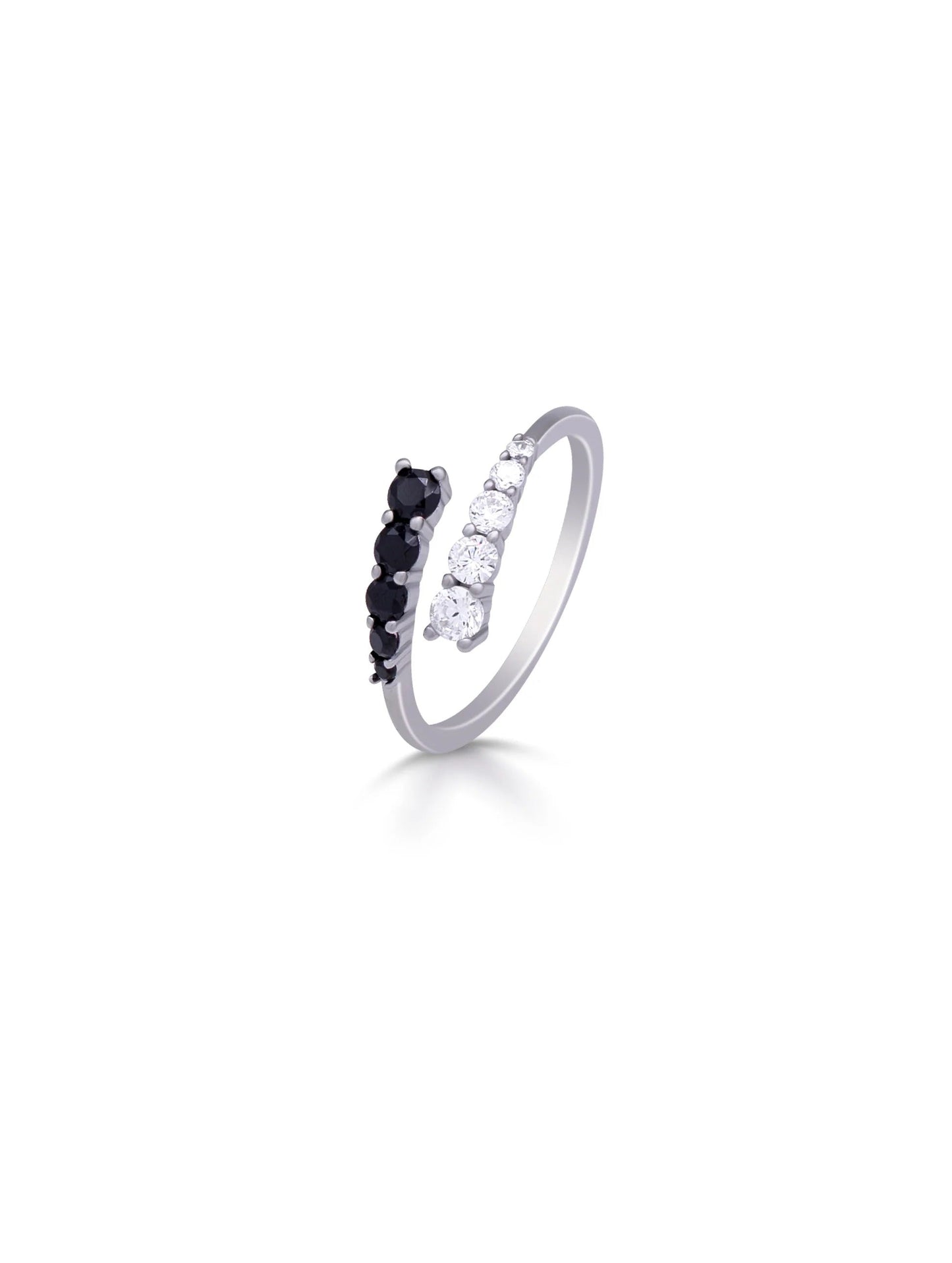 Black & White Crystal Open Ring | Elegant Adjustable Zircon Ring for Women