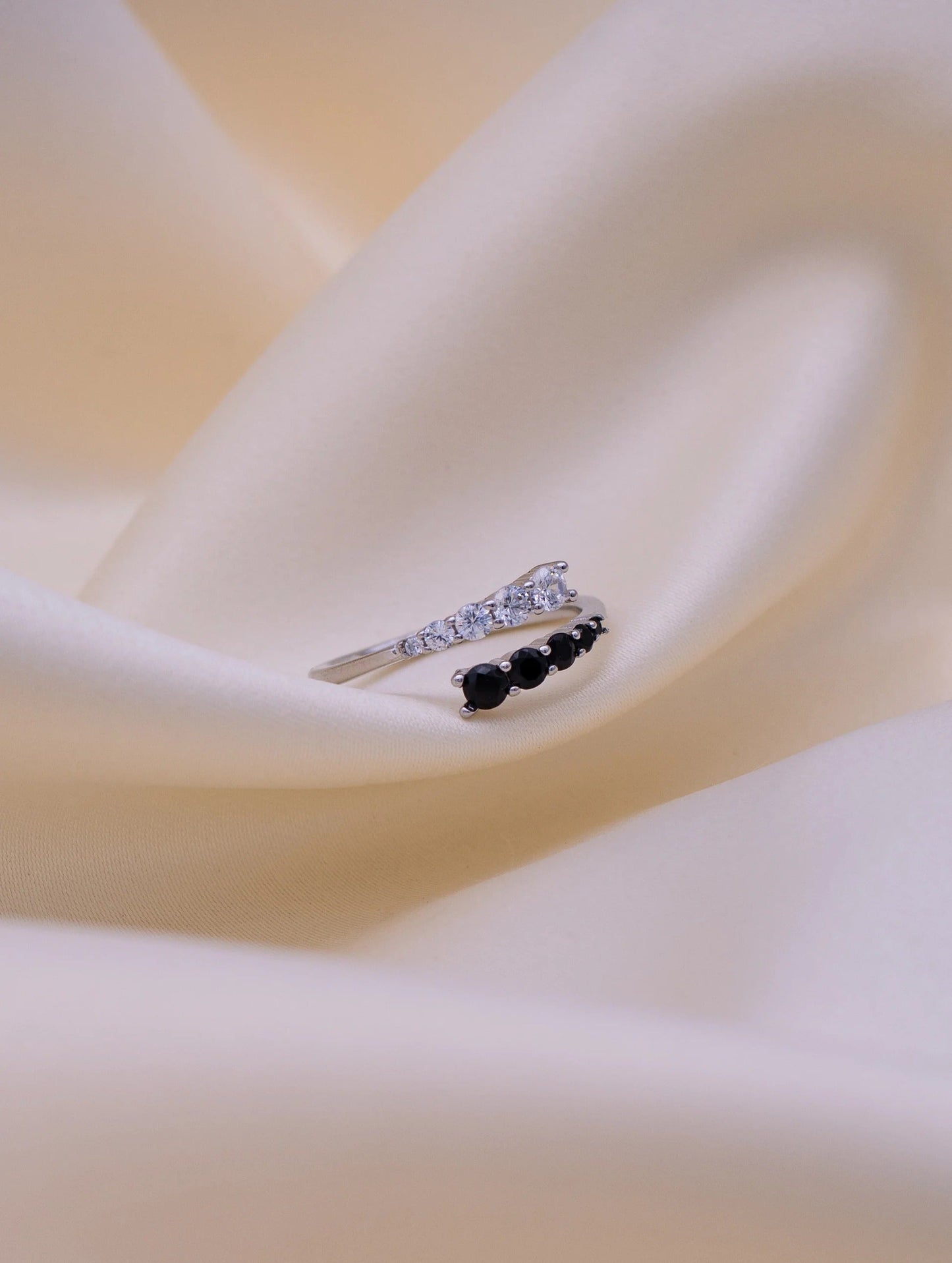 Black & White Crystal Open Ring | Elegant Adjustable Zircon Ring for Women