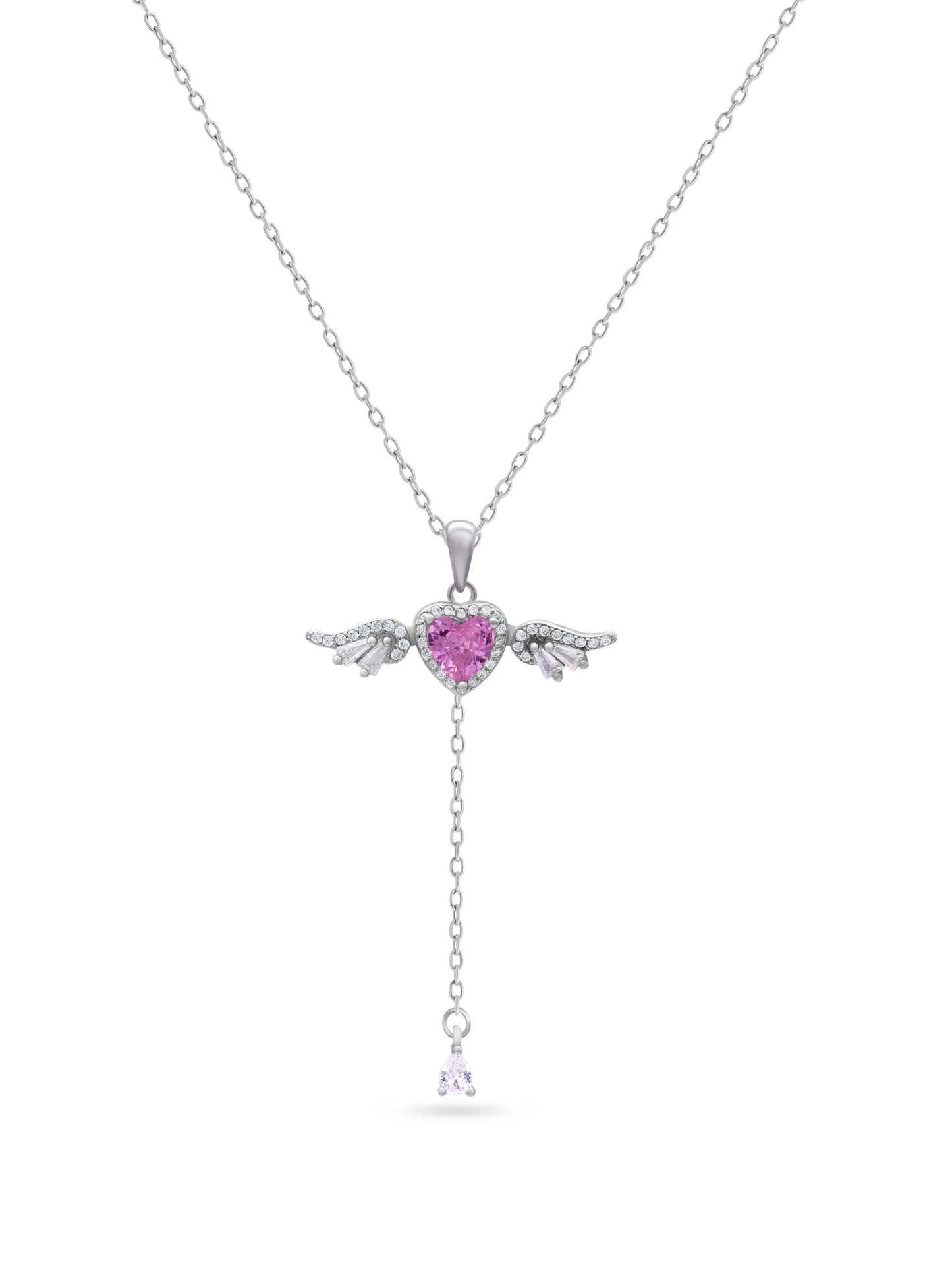 Pink Heart Angel Wing Necklace | Elegant Crystal Heart Pendant Necklace for Women