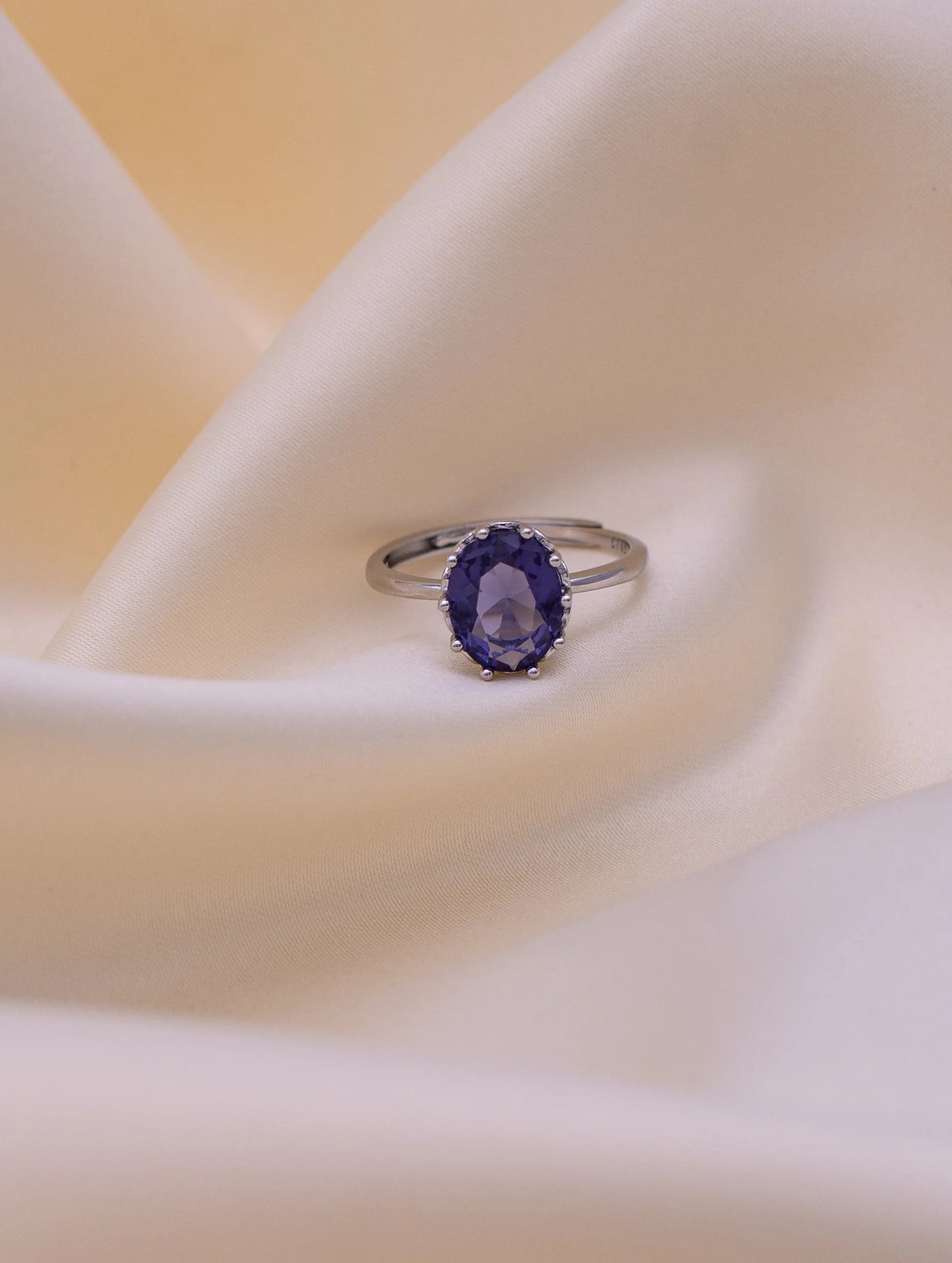 Purple Crystal Solitaire Ring | Elegant Adjustable Silver-Plated Ring for Women