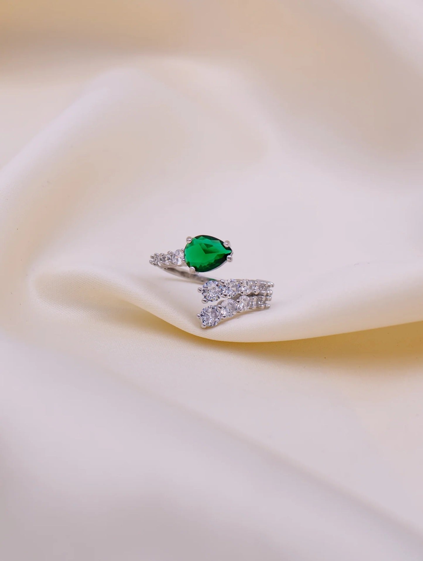 Green Crystal Floral Statement Ring | Elegant Adjustable Silver-Plated Ring for Women
