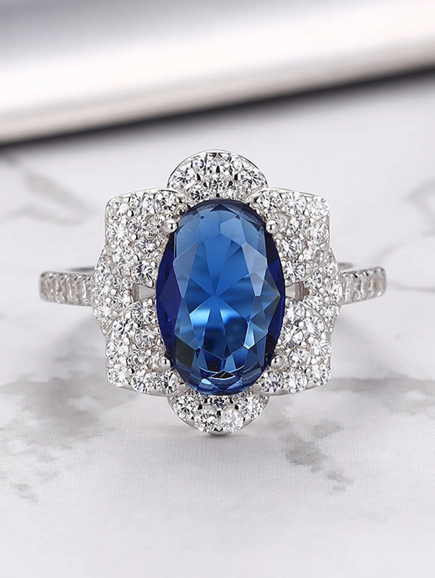 Blue Sapphire Floral Statement Ring | Elegant Silver-Plated Crystal Ring for Women
