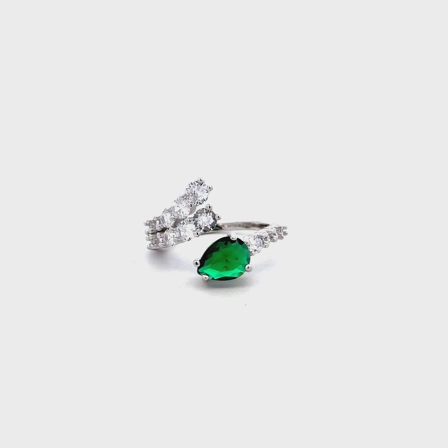 Green Crystal Floral Statement Ring | Elegant Adjustable Silver-Plated Ring for Women