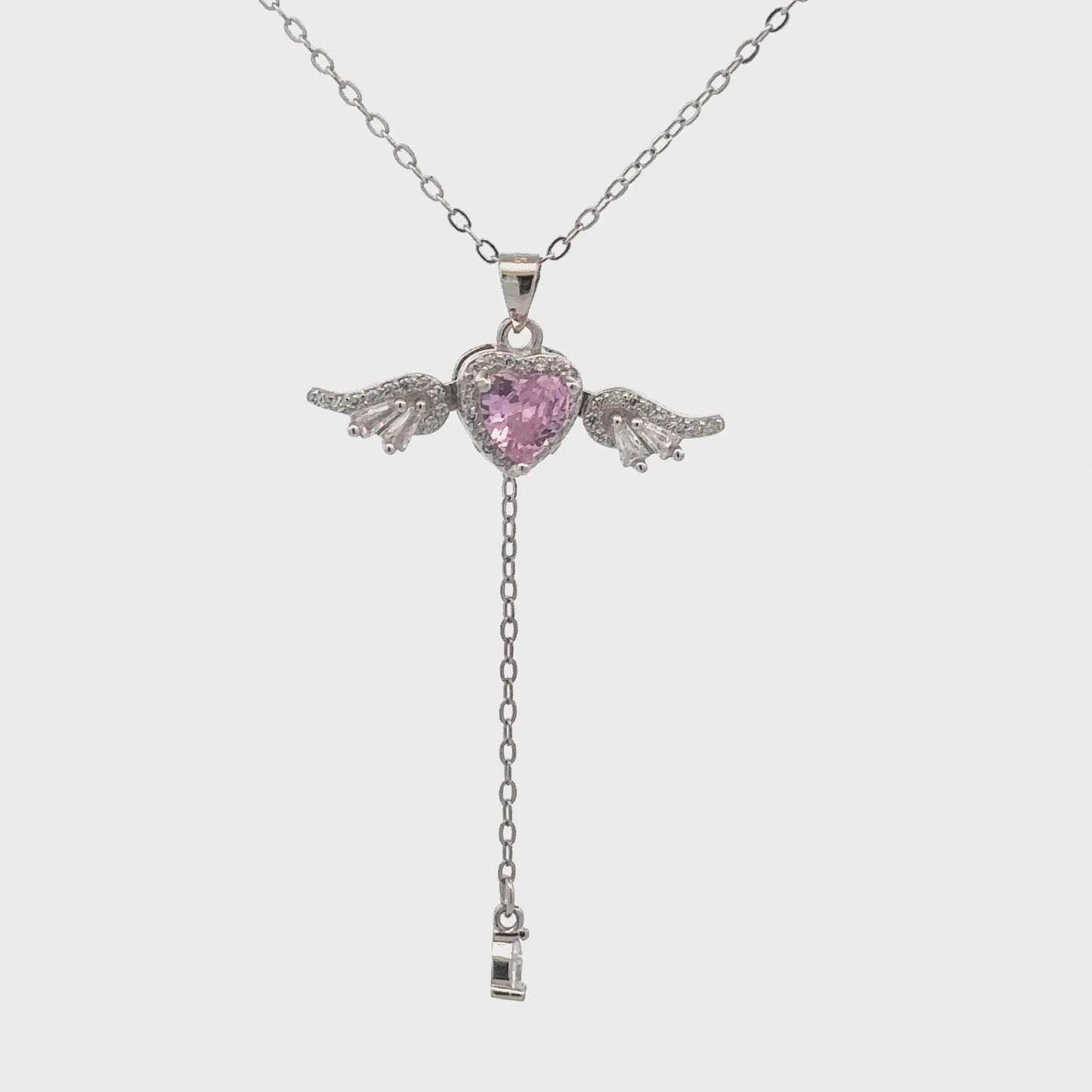 Pink Heart Angel Wing Necklace | Elegant Crystal Heart Pendant Necklace for Women