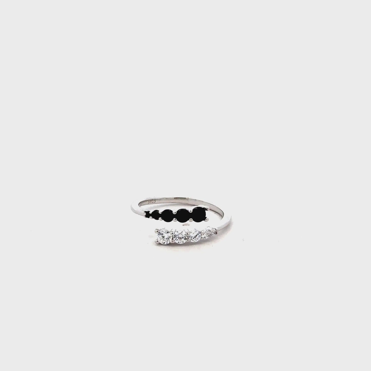 Black & White Crystal Open Ring | Elegant Adjustable Zircon Ring for Women